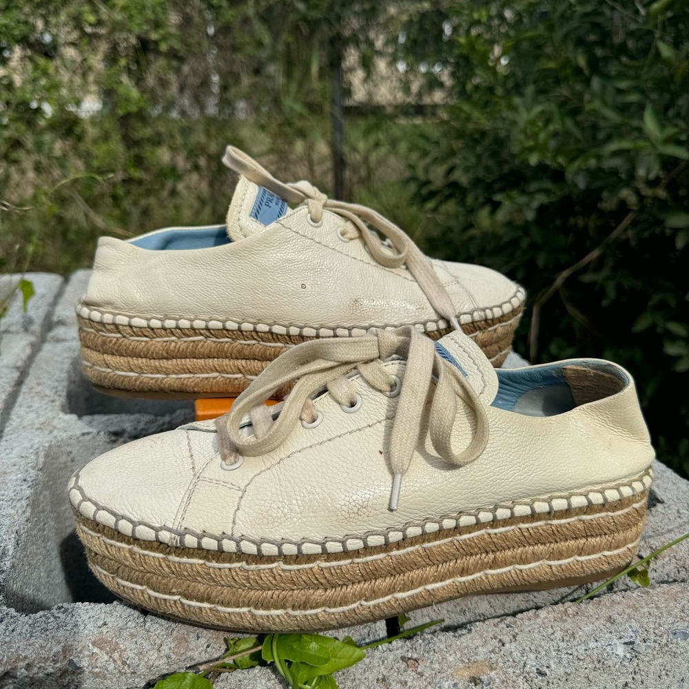 Prada White Leather Platform Espadrille Lace Up Sneakers Size 37